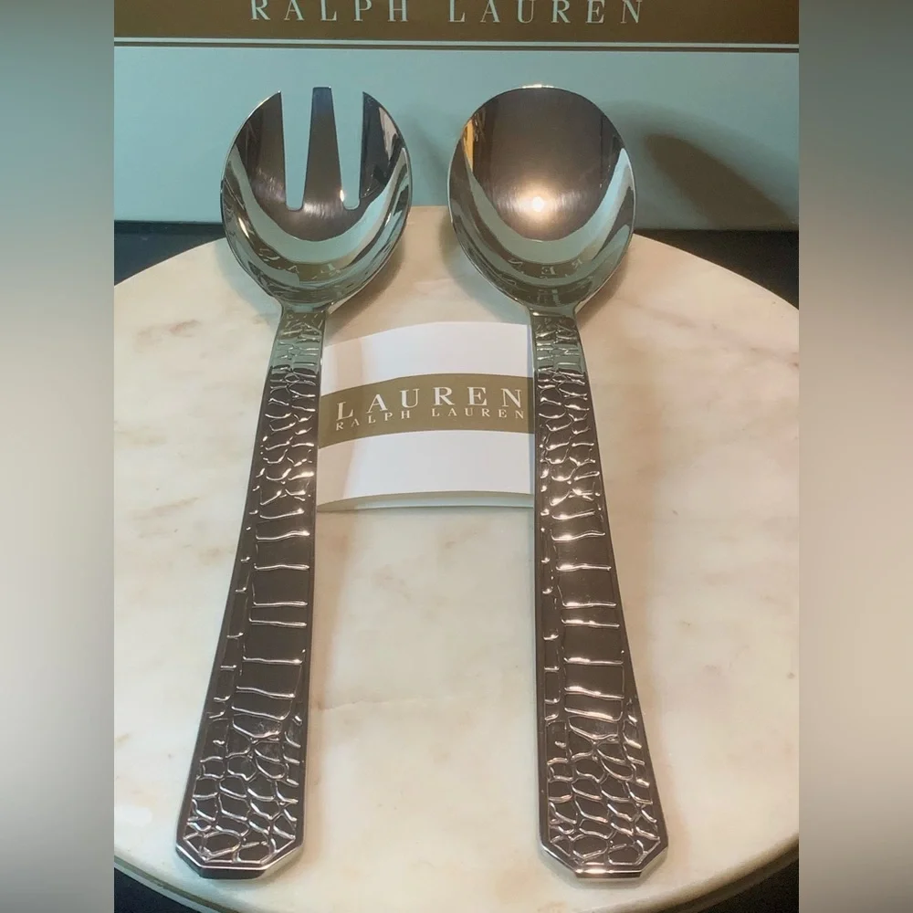 RALPH LAUREN CROCODILE SALAD SERVER SET NEW SILVER STAINLESS STEEL